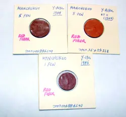 (2) 1944 5 FEN & 1945 1 FEN RED FIBER CHINA MANCHUKUO JAPAN WW2 3 COIN LOT