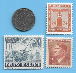 GERMANY WW2 1940 B 5 RPF SWASTIKA COIN & HITLER SWASTIKA STAMP LOT WW2 ERA  #18