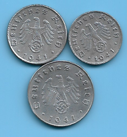 GERMANY THIRD REICH  1941 1,5,10  RPF SWASTIKA EAGLE COIN LOT WW2 ERA #18