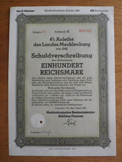 1942 WW2-3RD REICH GERMAN MECKLENBURG TREASURY BILL-100 REICHSMARKS