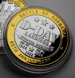 D-DAY LANDINGS 80TH ANNIVERSARY SILVER & 24CT GOLD COMMEMORATIVE COIN. WW2