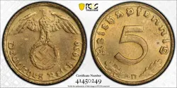 NAZI COIN - PCGS MS64 1939-D 5 PFENNIG PFG GERMANY, THIRD REICH J.363 WW2