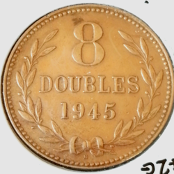 0    KING GEORGIVS V1 GUERNESEY 8 DOUBLES WW2 COIN ( DATED 1945 ) MINT COND AJ73