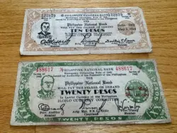 2 X PHILIPPINES WW2 EMERGENCY GUERRILLA ILOILO 10 PESOS 1944 AND 20 PESOS 1942