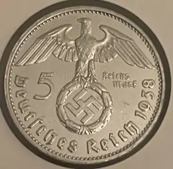 1938 GERMANY 5 MARK SILVER COIN, THIRD REICH, LARGE SYMBOL, WW2 WORLD COIN
