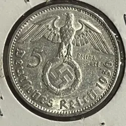 1936 GERMANY 5 MARK SILVER COIN, THIRD REICH, LARGE SYMBOL, WW2 WORLD COIN
