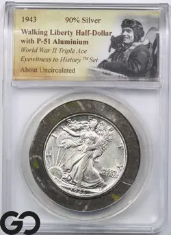 1943 WALKING LIBERTY HALF DOLLAR ANACS ** W/ P-51 ALUMINUM, WW2 TRIPLE ACE