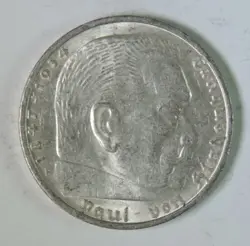WWII 1935 F GERMANY THIRD REICH HINDENBURG FIVE 5 REICHSMARK MARK SILVER COIN