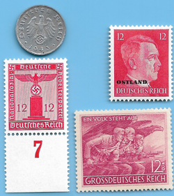 GERMANY WW2 1943 F 1 RPF SWASTIKA COIN & HITLER SWASTIKA STAMP LOT WW2 ERA  #20