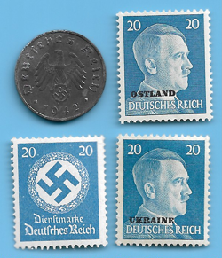 GERMANY WW2 1942 F 10 RPF SWASTIKA COIN & HITLER SWASTIKA STAMP LOT WW2 ERA  #20