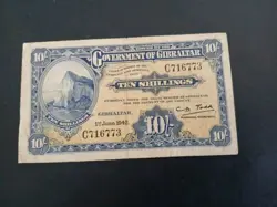 BANKNOTE GIBRALTER WW2 1942 10 SHILLINGS VF COND .