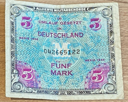 RARE & VINTAGE WW2 - 5 MARK FUNF DEUTSCHLAND 1944 WORLD WAR 2 BANKNOTE