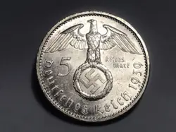 1939 A 5 MARK GERMAN WW2 SILVER COIN THIRD REICH HI GRADE W/LUSTER FREE SHIP O3