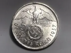 1937 E 5 MARK GERMAN WW2 SILVER COIN THIRD REICH HI GRADE W/LUSTER FREE SHIP O1