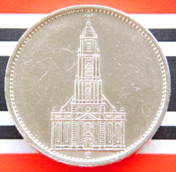 GERMAN 1934 E 5 REICHSMARK POTSDAM GARRISON CHURCH SILVER COIN 3RD WW2 MARK NICE