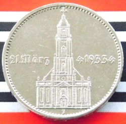 GERMAN COIN 5 REICHSMARK 1934 J POTSDAM CHURCH SWASTIKA DATE SILVER 3RD WW2 MARK