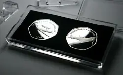 PAIR OF SPITFIRE COMMEMORATIVES IN 50P COIN CASE. BATTLE OF BRITAIN WW2 1940