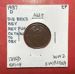 1937D GERMANY THIRD REICH SWASTIKA WORLD WAR 2! 2 PFENNIG! SWASTIKA! OLD COIN!