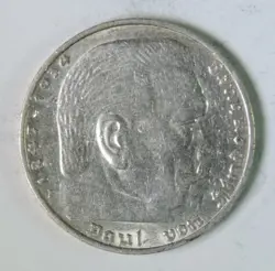 WWII 1936 F GERMANY THIRD REICH HINDENBURG FIVE 5 REICHSMARK MARK SILVER COIN