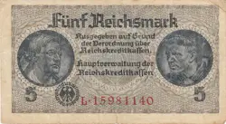 CURRENCY GERMANY 1944 WW2 FASCISM WAR ERA 5 REICHSMARK FINE POOR