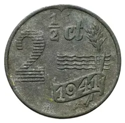NETHERLANDS 1941 ZINC COIN 2 1/2 CENTS GERMAN OCCUPATION WW2