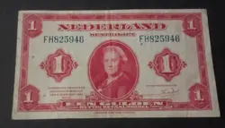 WW2 1943 QUEEN WILHELMINA NETHERLANDS 1 GULDEN BANKNOTE / COIN NOTE. FH825946