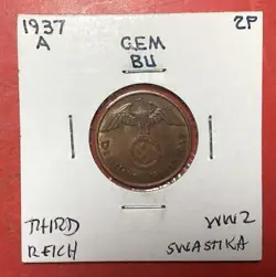 1937A GERMANY THIRD REICH SWASTIKA WORLD WAR 2! 2 PFENNIG! SWASTIKA! OLD COIN!