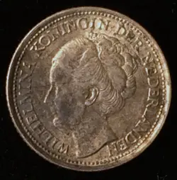 1944 - P NETHERLANDS SILVER 10 CENTS, WW2, QUEEN WILHELMINA