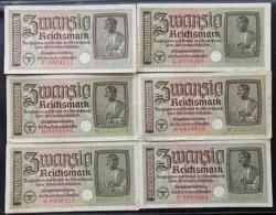 LOT OF 6 WW2 20 REICHSMARK NAZI GERMANY CURRENCY GERMAN BANKNOTES