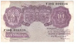 PEPPIATT TEN SHILLINGS BANKNOTE WW2 SERIES 1940 Y59D PURPLE