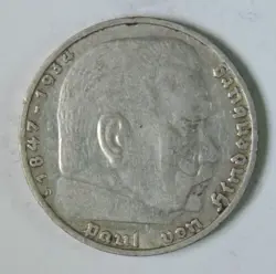 WWII 1935 D GERMANY THIRD REICH HINDENBURG FIVE 5 REICHSMARK MARK SILVER COIN
