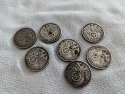 GERMAN LOT 7X 5 REICHSMARK 1936 - 1939 SWASTIKA SILVER COINS 3RD REICH WW2 MARK