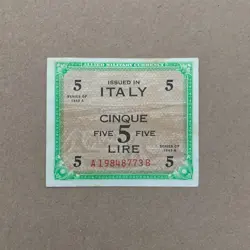 WW2 ITALIAN 5 LIRE CURRENCY 1944 ALLIED OCCUPATION ITALY BANKNOTE WWII MONEY