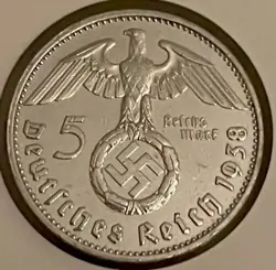 1938 GERMANY 5 MARK SILVER COIN, THIRD REICH, WW2, HINDENBURG, AU/UNCIRCULATED!