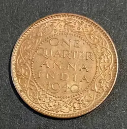 1940 WW2 BRITISH INDIA KING GEORGE VI ONE QUARTER ¼ ANNA COIN & BOMBAY MINTMARK