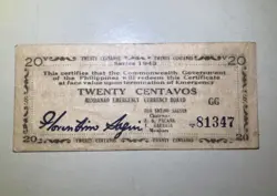 PHILIPPINES 20 CENTAVOS 1943 MINDANAO EMERGENCY CURR BOARD WW2 EMERGENCY NOTE