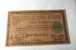 NEGROS ISLAND 10 PESOS 1944 WW2 PHILIPPINES EMERGENCY CURRENCY