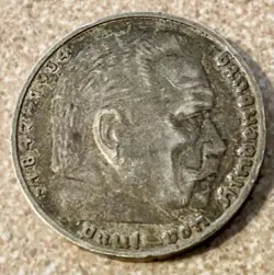 1939 GERMANY 5 REICHSMARK  WW2 THIRD REICH GERMAN 90% SILVER  5 MARK COIN