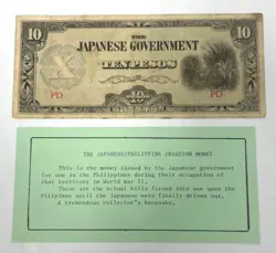 SINGLE UNCIRCULATED WW2 JAPANESE GOVERNMENT 10 PESO WORLD CURRENCY BANKNOTE BILL