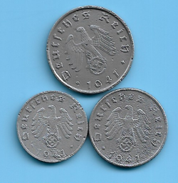 GERMANY THIRD REICH  1941 1,5,10  RPF SWASTIKA EAGLE COIN LOT WW2 ERA #50