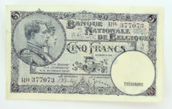 1938 BELGIUM 5 FRANC BANKNOTE WW2-ERA