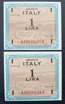 1943 ITALY 1 LIRE X2 ALLIED MILITARY CURRENCY WWII WW2 CONSECUTIVE SERIALS GEMS