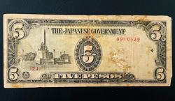 1942 JAPAN BANKNOTE PHILIPPINES 5 TEN PESOS ASIA CURRENCY WW2 WWI ASIAN NOTE