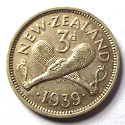 1939 WW2 .500 SILVER 3D THREE PENCE PATU COIN NEW ZEALAND GEORGE VI KING EMPEROR