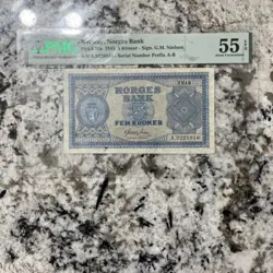 RARE WW2 NORWAY, NORGES BANK, 1945 5 KRONER, PMG 55
