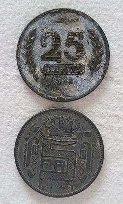 LOT OF 2 WW2 OCCUPATION COINS -1941 BELGIUM 5 FRANCS AND 1942 NETHERLANDS 25 C