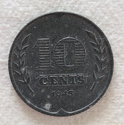 1943 NETHERLANDS 10 CENTS WW2 GERMAN OCCUPATION COIN