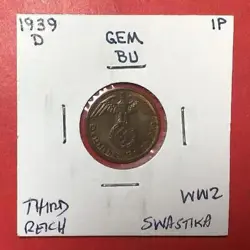1939D GERMANY THIRD REICH SWASTIKA WORLD WAR 2! 1 PFENNIG! SWASTIKA! OLD COIN!