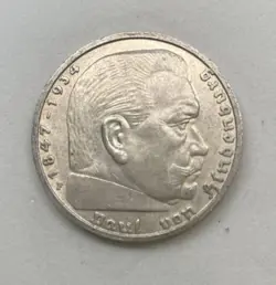 1939 F WW2 GERMAN 5 REICHSMARK COIN, THIRD REICH, VON HINDENBURG