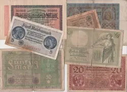 LOT GERMANY NAZI 3RD REICH 7 BANKNOTES 1906- REICHSMARK, AND WW1, WW2 MONEY LOW